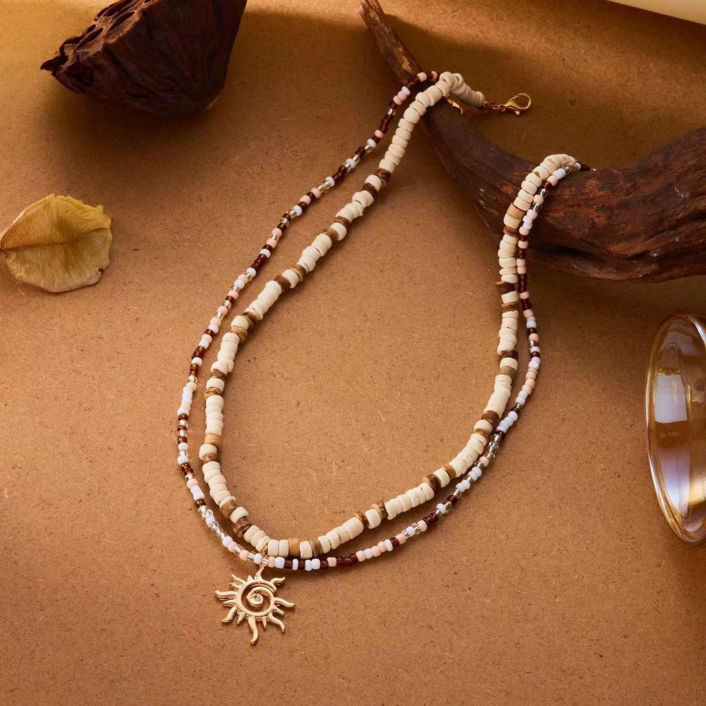 Stainless Steel Sun Pendant Coconut Shell Bead Necklace