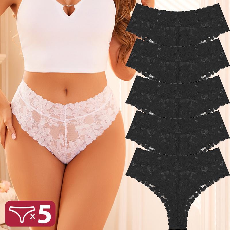 FINETOO 5 Bucăți Tanga Sexy din Dantelă Femei Chiloți cu Talie Joasă Sexy Moi Lenjerie Intimă Doamne Chiloți Florali Trendy Lenjerie Intimă Femei