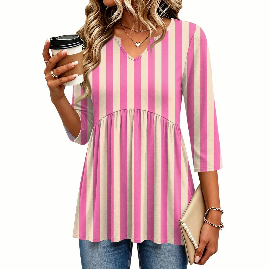 Women's Casual Striped Print V-Neck Three-Quarter Sleeve Blouse