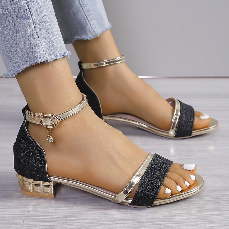 Large size sandals women's summer 2025 new European and American one-word with flash diamonds thick heels women's shoes size 43 independent station