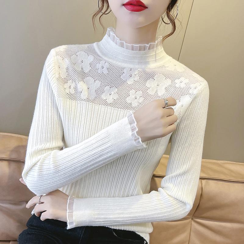 Women s Long Sleeved Knitwear Pullover Sweater Lace Top Base Sweater Spring and Autumn S