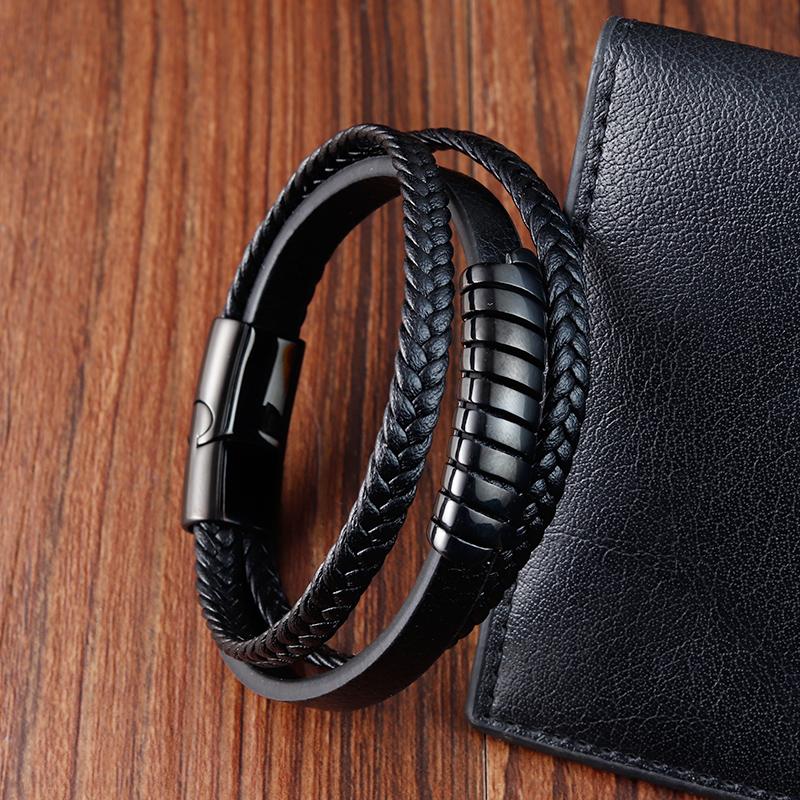 Men Bracelet Fashion Multi-layer Leather Stainless Steel Magnet Clasp Bangles Birthday Jewelry for Male Accessories Gifts