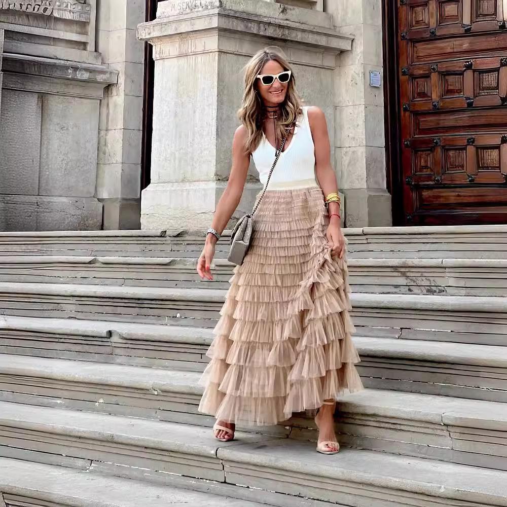 Women's Summer Fashion Mesh Midi Cake Skirt