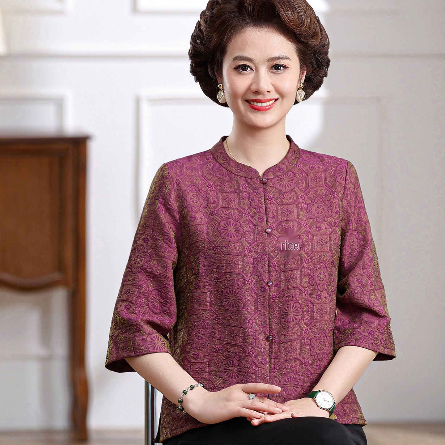 

Summer Plus Size Top for Elderly Women - Grandma s Short Sleeve Shirt for Middle-Aged Mothers XL (for 100-110 jin) фіолетовий