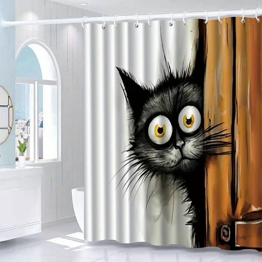 1pc Kitten Pattern Shower Curtain with Hook, Bathroom Partition, Bathroom Accessories, Home Decoration