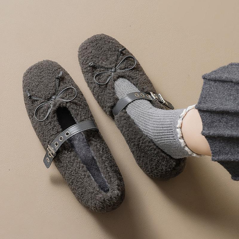 Bow inner heightening fluffy shoes new winter flat cotton shoes with Mary Jane ballet shoes fairy