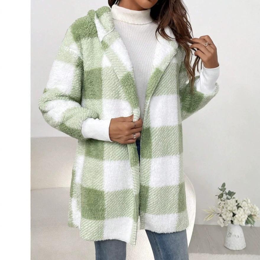 Women's Stylish Plaid Hooded Knitwear Top - Long Sleeve Elegant Autumn Sweater