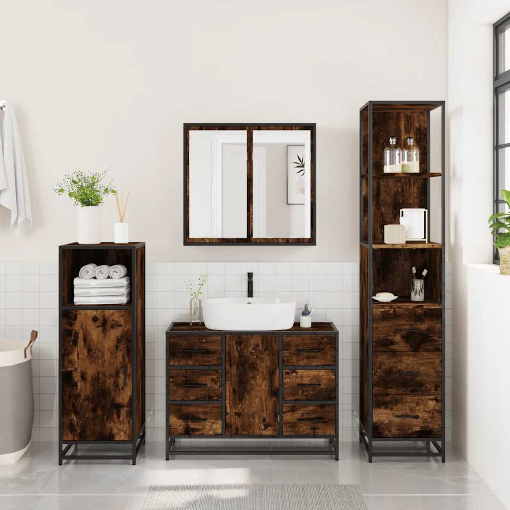 3 Piece Bathroom Furniture Set Smoked Oak Wood Based Material