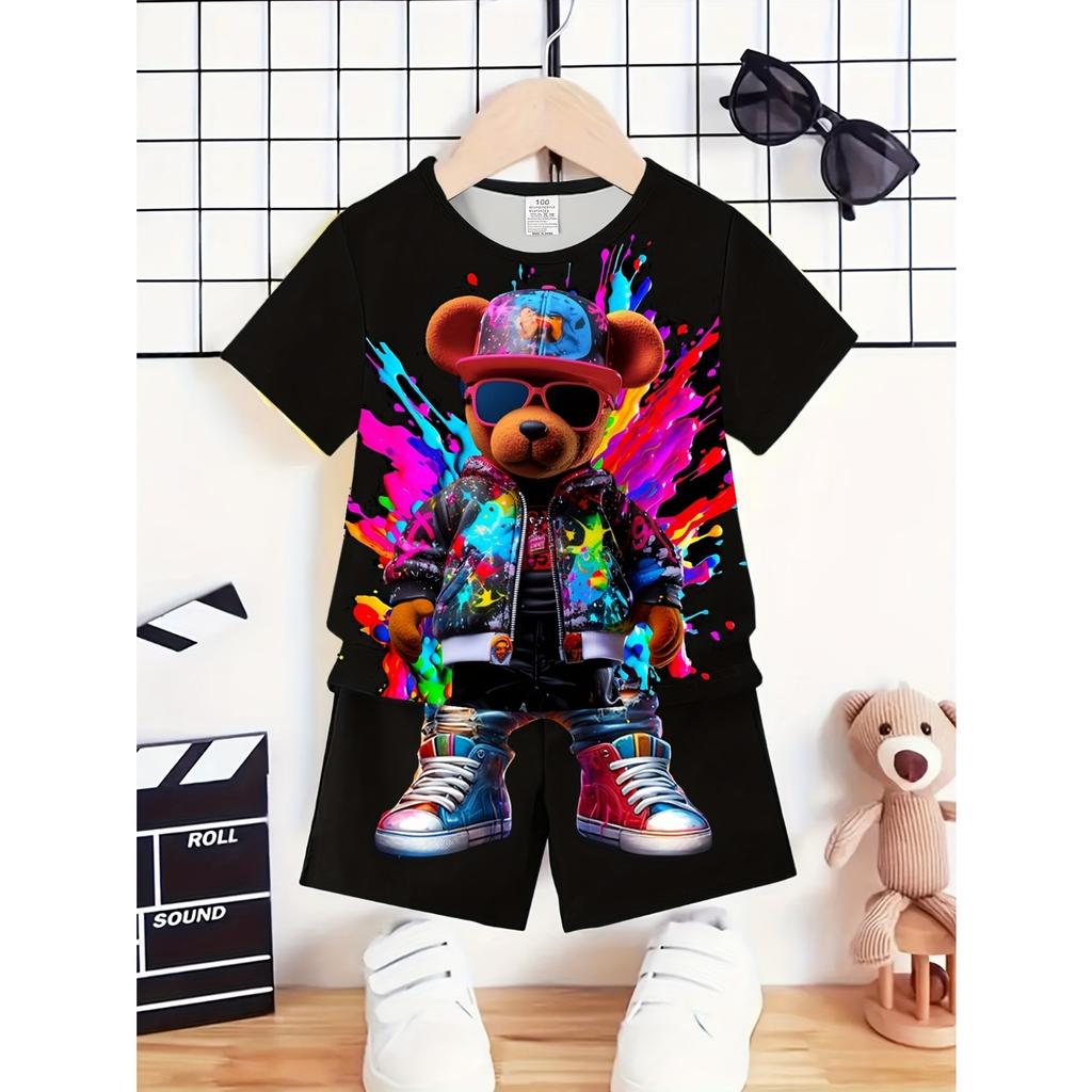Boys' Outfit Set of 2, Hand-cut, 3D Bear Print. Outdoor Casual Must-have Gift for Family Friends