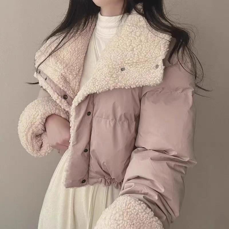 Womens Short Fleece Lined Cotton Coat Loose Reversible Winter Jacket Turn Down Collar Long Sleeve Solid Color Plus Size