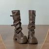 Retro black British platform boots women's boots 2025 new autumn with skirt thin knight boots