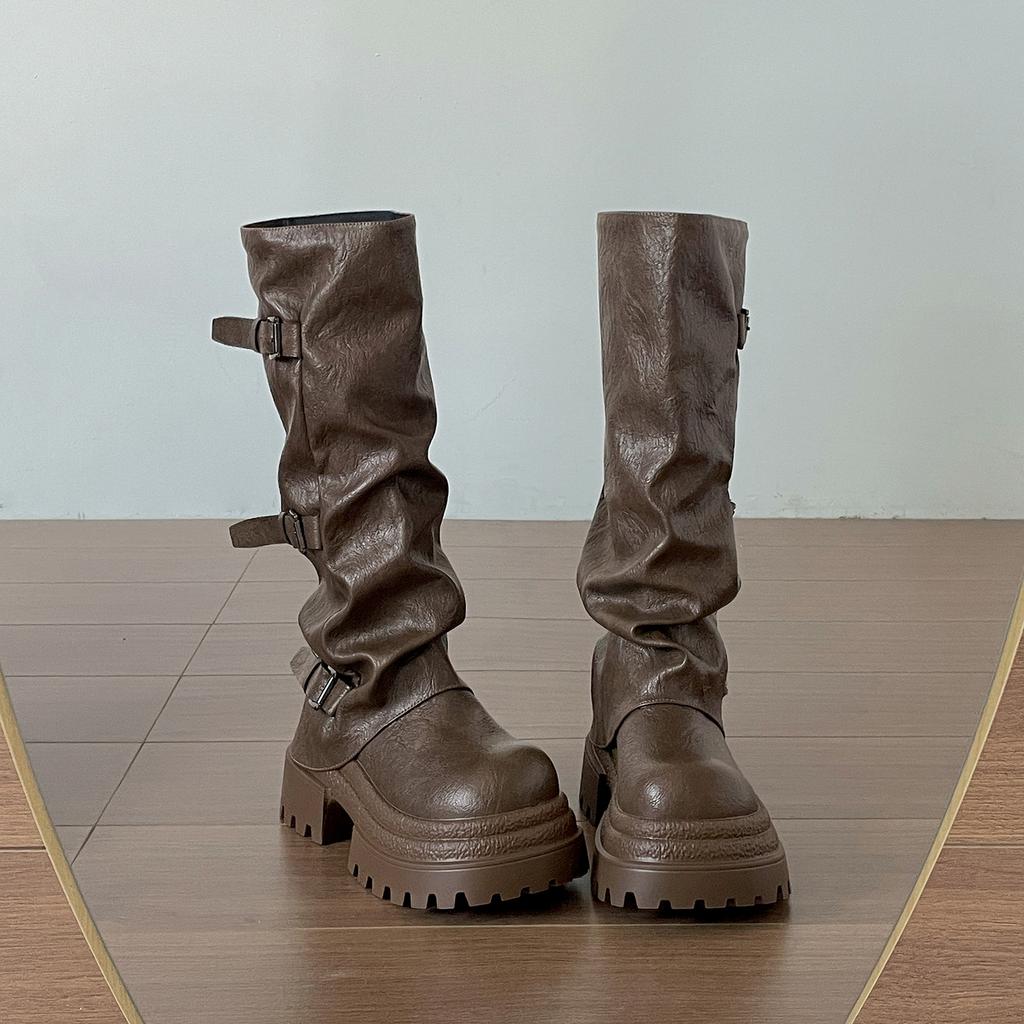 Retro black British platform boots women's boots 2025 new autumn with skirt thin knight boots