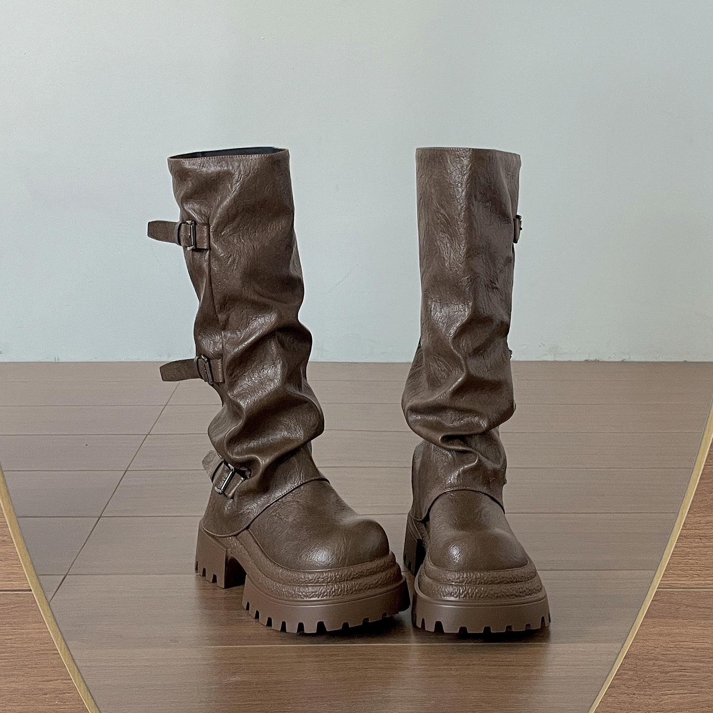 

Retro black British platform boots women s boots 2025 new autumn with skirt thin knight boots 40 коричневый