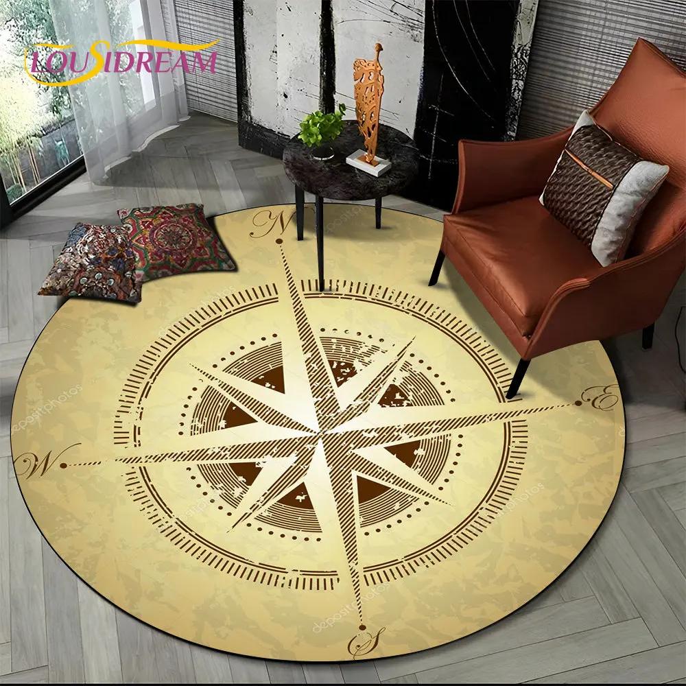 3D Retro Kompass Serie Kreis Teppich,Runder Teppich für Wohnzimmer Schlafzimmer Sofa Fußmatte Dekor Rutschfeste Bodenmatte Geschenk