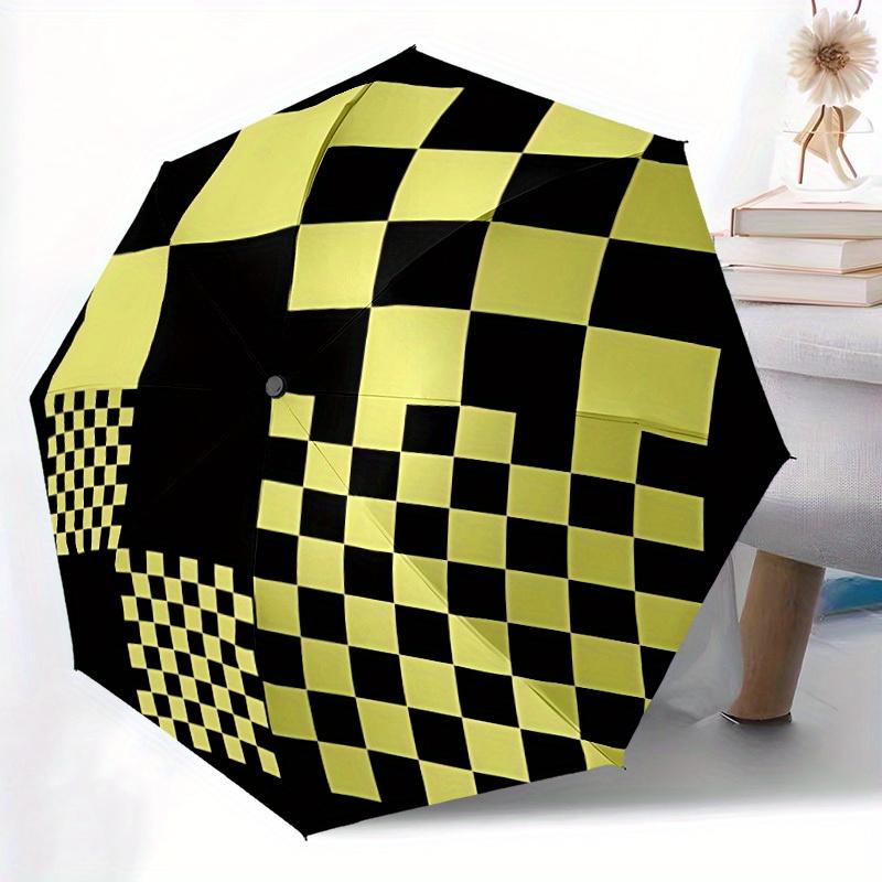 1pc Checkerboard Pattern Automatic Open/close Folding Compact Umbrella, 8-Rib Sturdy Canopy, Lightweight Portable, Everyday Use, Gift, Outdoor Umbrell