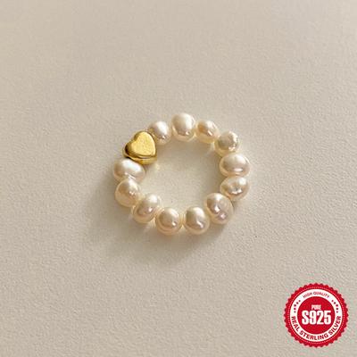 S925 Sterling Silver Heart-Shaped Cold Wind Elastic Pearl Ring Women'S Niche Design Beaded Ring