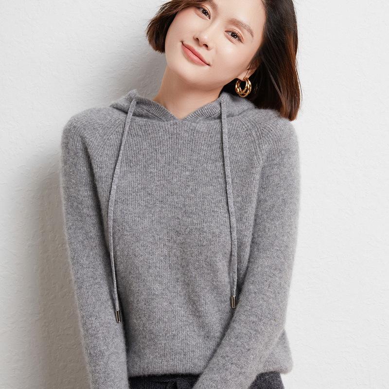 Women's Oversized Hooded Knit Sweater - Cozy Autumn/Winter Drawstring Pullover, Versatile Solid Color.