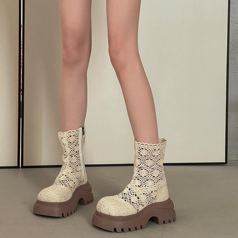 Fashion Summer Women's Thick-soled Exquisite Lace Mesh Cool Boots Fad Design Sense Hollow Womens High Quality High-top Boots Botas Mujer