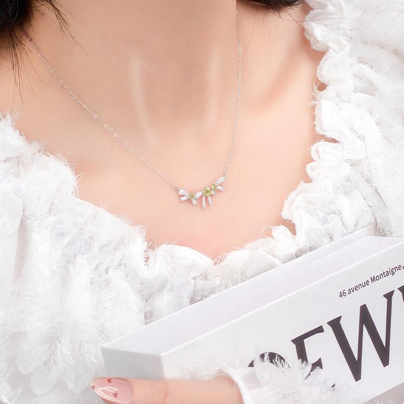 New brushed craft s925 sterling silver bow necklace women's natural crystal stone niche design jewelry