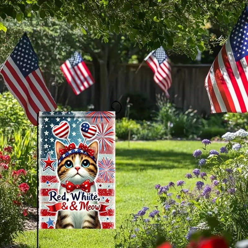 4th of July Patriotic Cat Garden Flags for Outside 12x18 Double Sided, Small Burlap Holiday Independence Day Memorial Day Ya