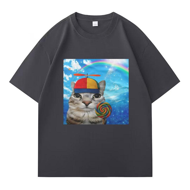 Greetings Huzz T-shirt Silly Cat Meme Summer Hip Hop High Quality Mens Women Crewneck Casual Y2k Clothes Teenager Tshirt Unisex
