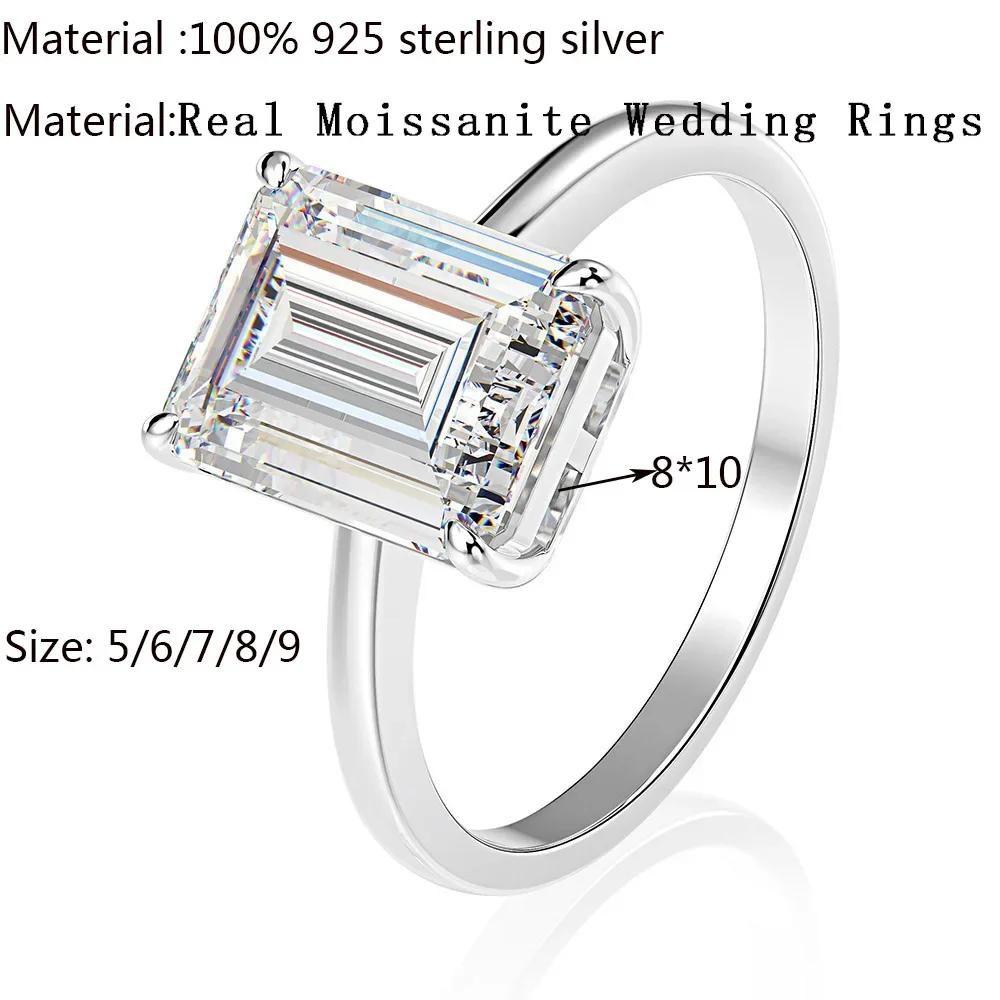New Exquisite 925 Silver Rectangle Real Moissanite Rings for Women Wedding Luxury Jewelry