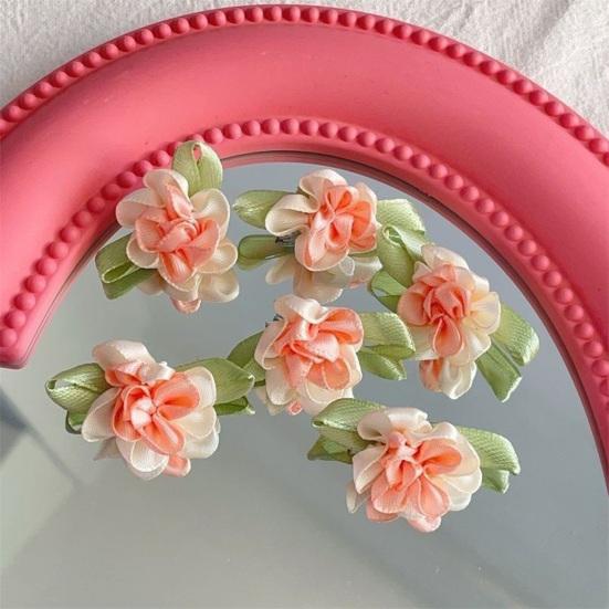 4Pcs Girl Hairpin Hand-Sewn Fabric Flowers Hair Clip with Green Leaves Side Clips Hair Accessories Spring Wear