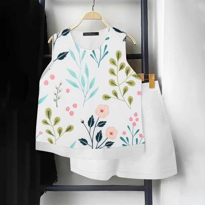 

ZANZEA Женские цветочные майки и шорты Летние комплекты из двух предметов
