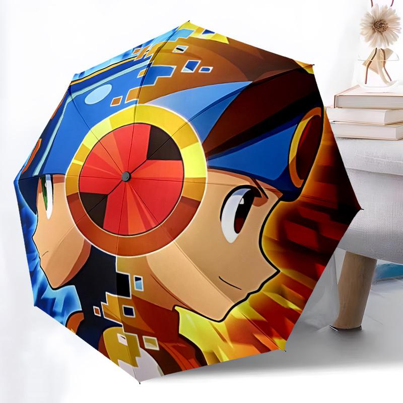 1PC Mega Man PixelArt RetroGaming Automatic Folding Umbrella - Compact 8-Rib Design, Durable Plastic & Iron, Daily Use F010648