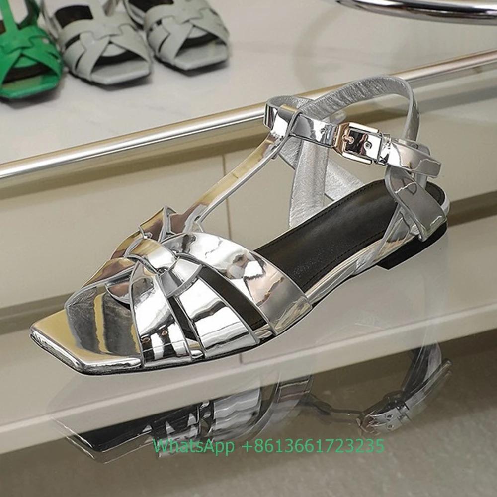 Fashion Women Cross Straps Square Toe Flat with Sandals Solid Color Open Toe Real Patent Leather Flat Sandales 2025 Newest Summer Sandal