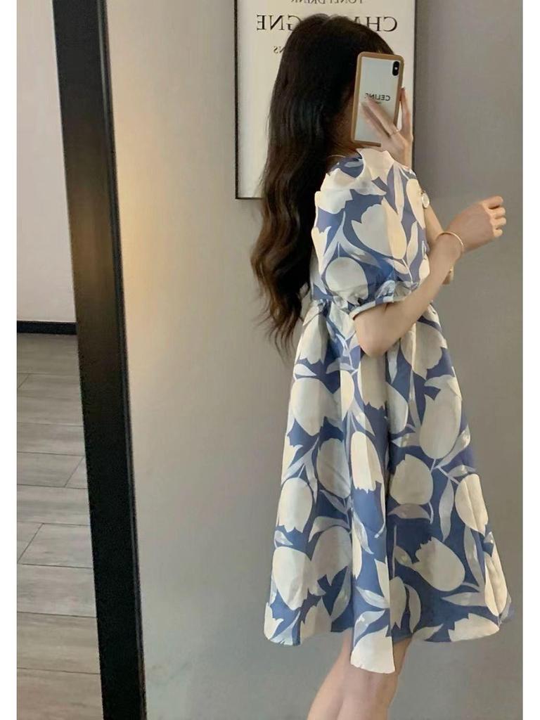Women's 2023 Mid-Length French Fashion Puff Sleeve Print Dress