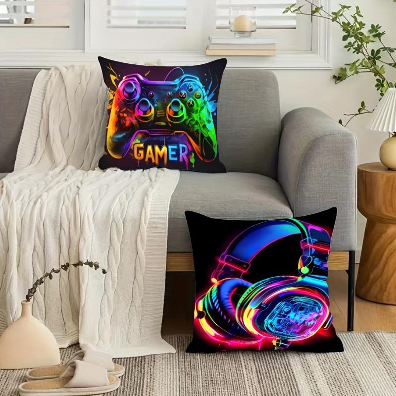 2Pcs Gamer Headphones Printed Pillowcase Washable Home Sofa Bedroom Decor No Insert