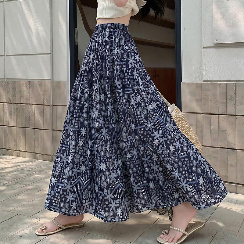 Summer Retro Printing Temperament Medium and Long Loose Big Swing Skirt Women Trendy Warm Orange Abstract Print Tiered Cake Skirt