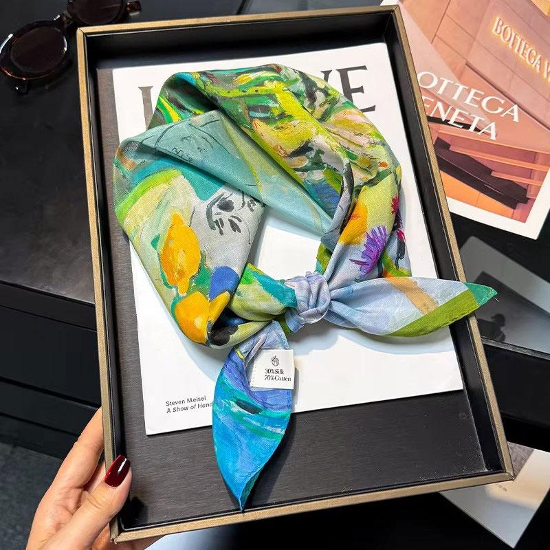 30% Silk 70% Cotton Scarf Women Square Neck Shawls Wraps for Ladies Foulard Scarves Pashmina Female Hijab Bandana Bufanda 70cm