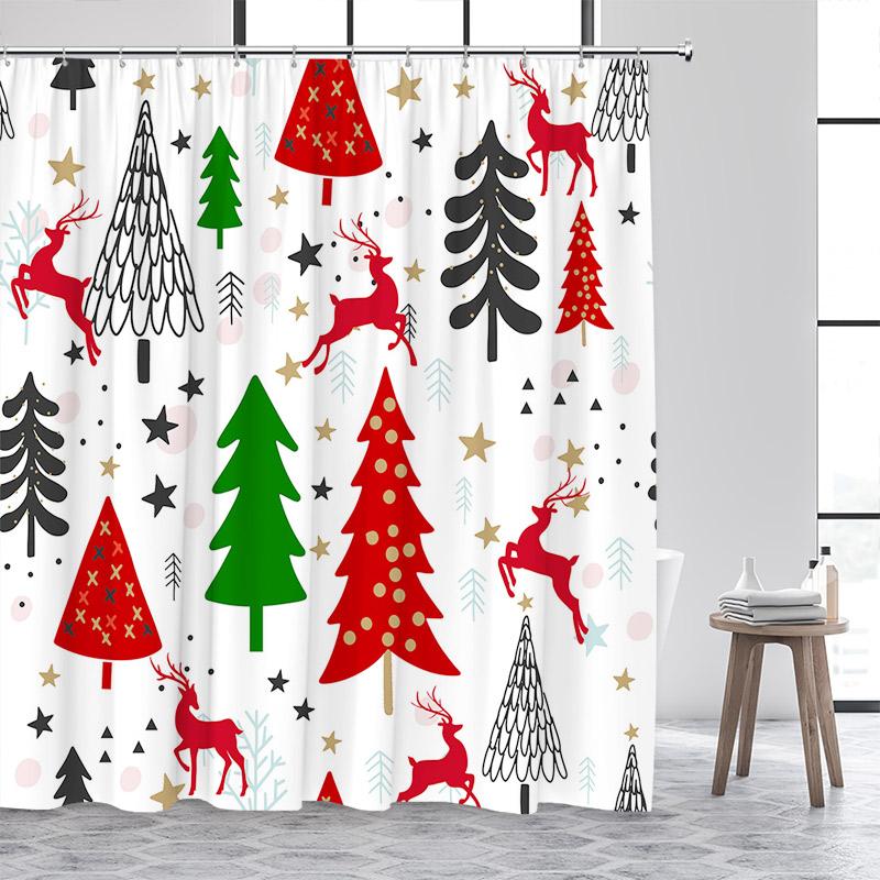 Blue Christmas Tree Shower Curtain Winter Snowflake Pine Trees New Year Christmas Bath Curtains Fabric Bathroom Decor With Hooks