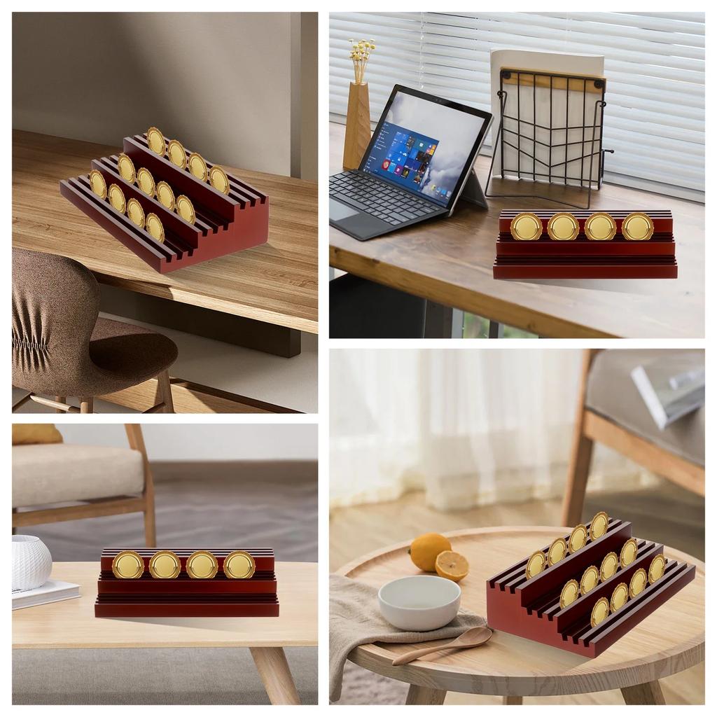 3-stufiger Münz-Display-Ständer Holz-Sammlermünzen-Ständer Schreibtisch-Aufbewahrungsständer für Abzeichen Medaille Auto-Emblem Organisieren Heimdekoration
