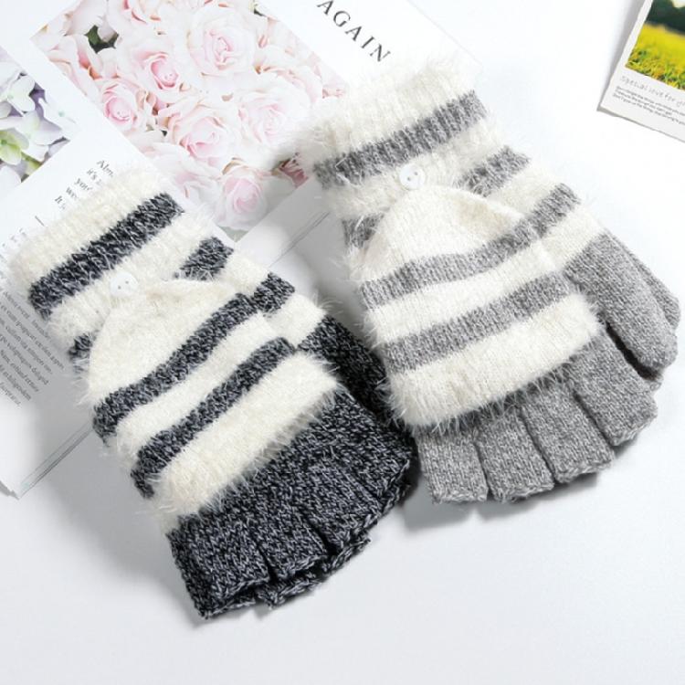 Striped Pattern Glove Plush Fingerless Mittens with Flip Top Knitted Gloves