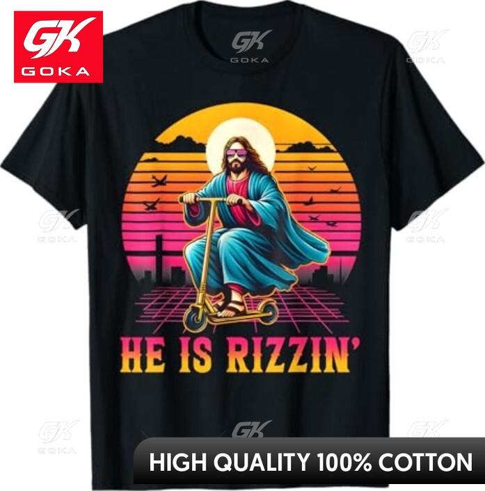 Retro He Is Rizzin Funny Jesus Has Rizzen Easter Christian Funny Cotton Material Graphic T Shirt All Season Comfort S
