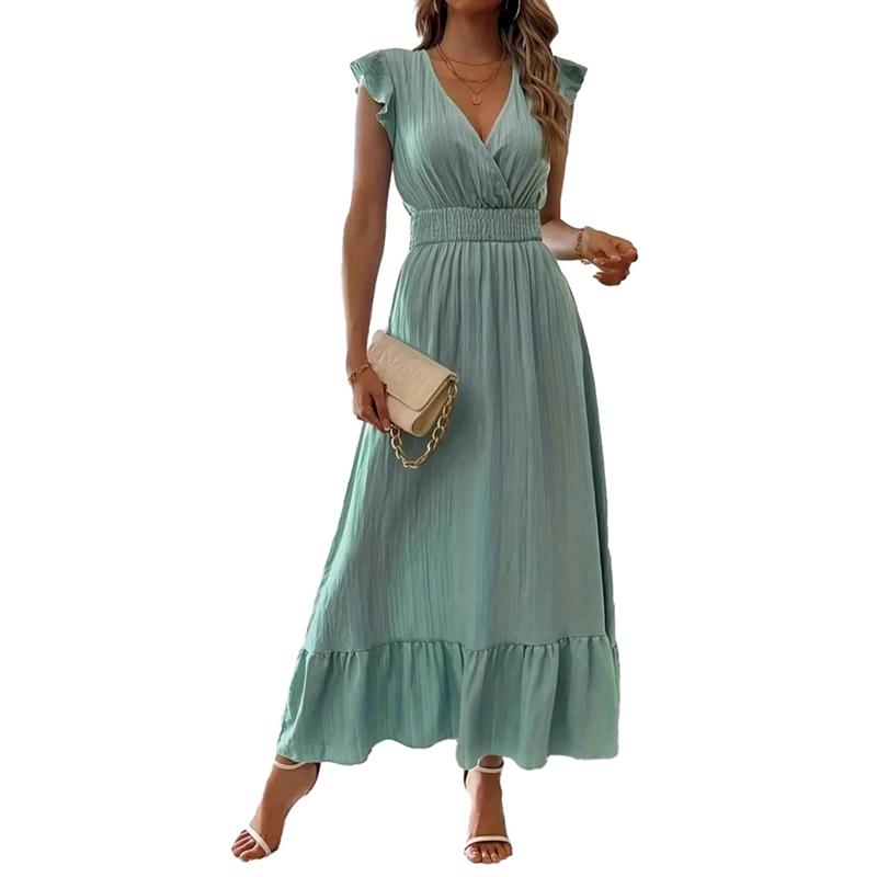 Women Solid Color V-neck Slim Short Sleeve Dress Summer Long Dress