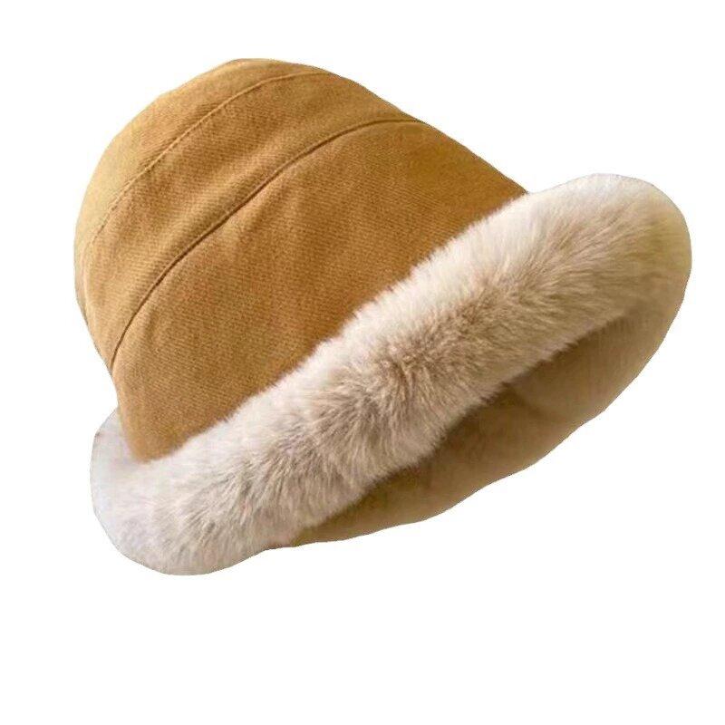 Fashion Fluffy Fur Bucket Hat for Women Winter Thick Warm Panama Fisherman Hat Girls Vintage Soft Plush Basin Cap