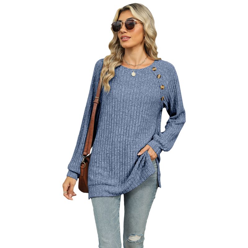 

2025 round Neck Raglan Sleeves Solid Color T-shirt Split Top Blue S