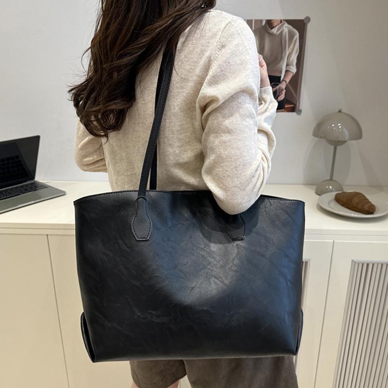 New Simple Solid Color Versatile Tote Bag Fashion Commuter Light Luxury Trend Faux Leather Design Shoulder Bag