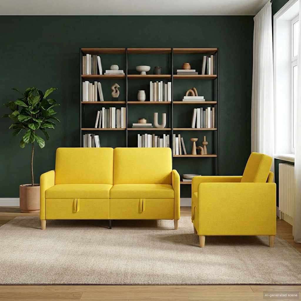 2 Piece Storage Sofa Set Light Yellow Polyester