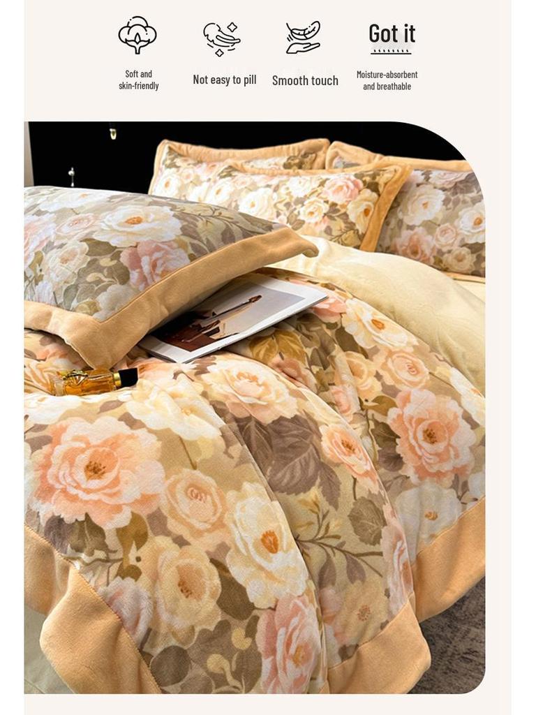 Cozy Winter Milk Velvet 4-Piece Fleece Bedding Set: Double-Sided Printed Duvet Cover