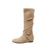 Women's 6CM Inner Height Retro Western Knee-High Cowboy Boots with Round Toe, Buckle Strap, and Soft Ruched Design.
