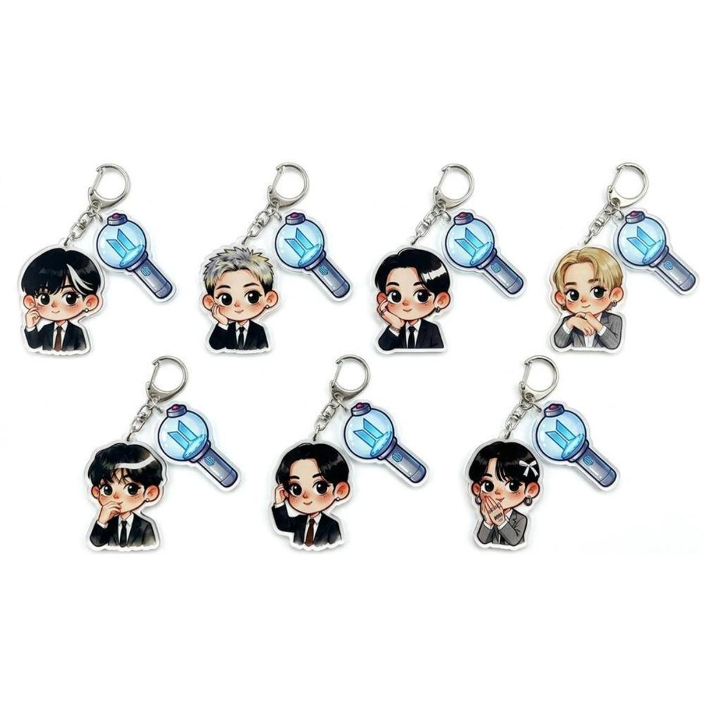 7 ks roztomilý přívěsek na klíče BTS, Bangtan Boys oblek kreslená figurka přívěsek na klíče s přívěskem na světelný klacek, Kpop idol kreslený přívěsek na tašku pro fanoušky ARMY
