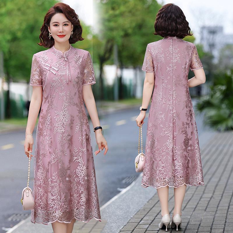 Retro Chinese Style Cheongsam Knee-Length Dress for Middle-Aged Women
