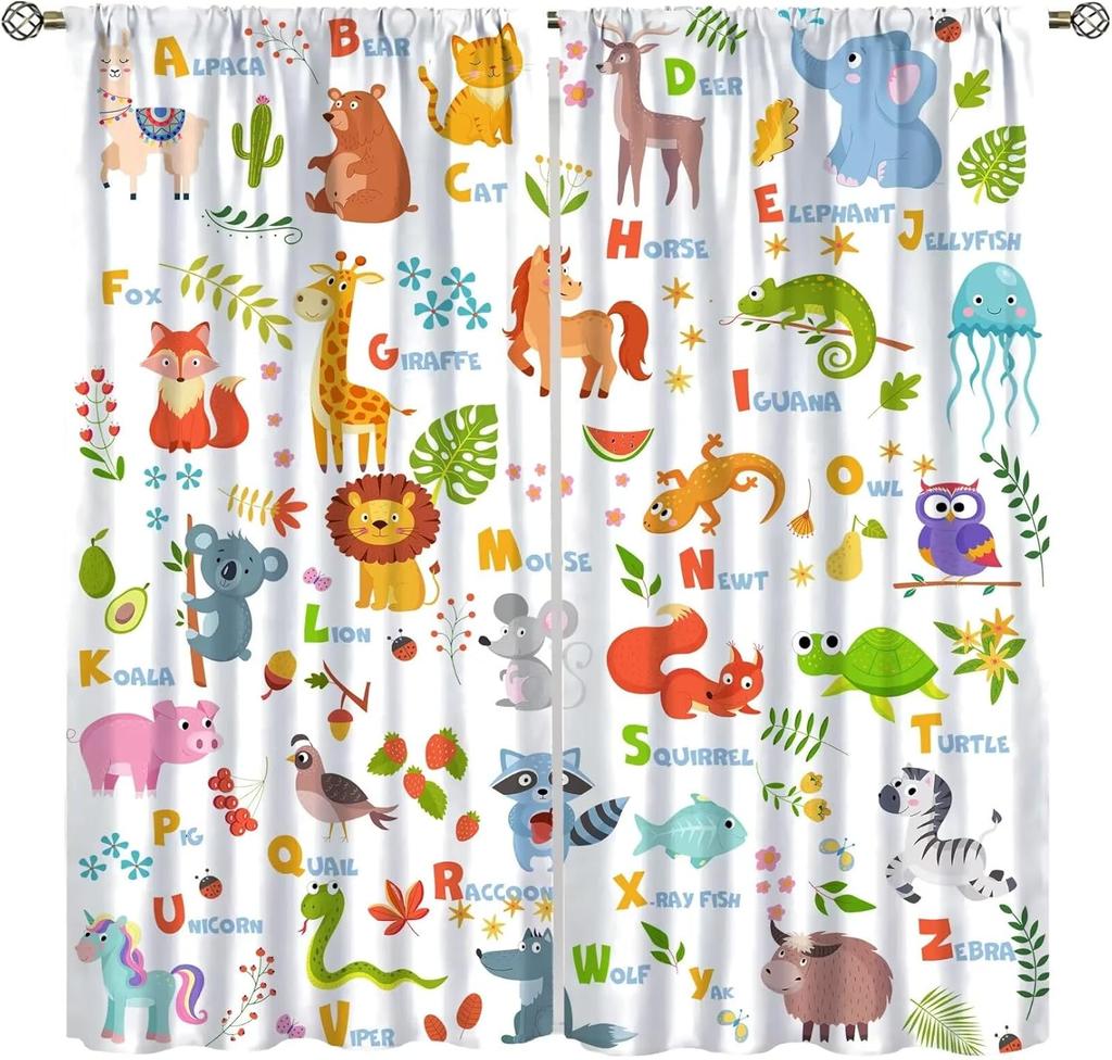 Abc Alphabet Curtains, Cartoon Toddler Colourful Animals Numbers Colours Classroom Learning Windows Treatments Drapes For Kids