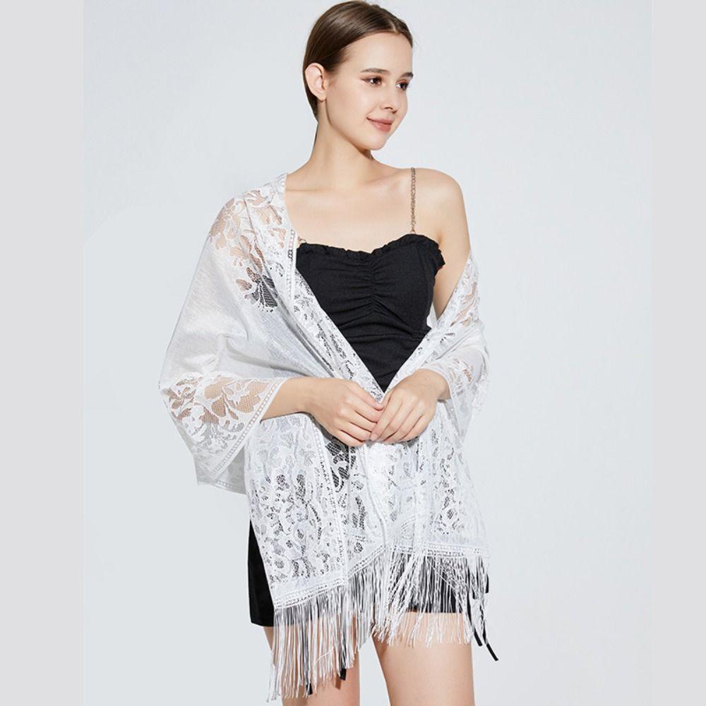 Tassel Mesh Neck Scarves Transparent Embroidery Flower Shawl Lace Flower Tassel Scarf  Dress Decor