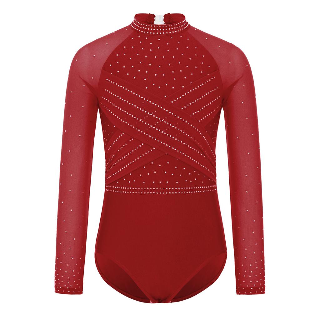 Dívčí průhledný síťovaný trikot s dlouhým rukávem, kamínky, gymnastický, s vykrojením vpředu a vzadu, body